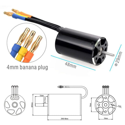 Replacement 2948 4800KV Brushless RC Boat Motor With 3.175mm Shaft And Water Cooling Jacket shown with dimensions