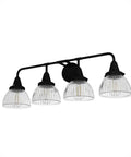 Cypress Grove 4 Light Natural Black Iron Vanity Light With Clear Holophane Glass Shade, Medium Size, mounted on white wall
