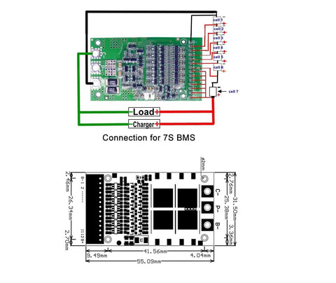 Schematic diagram of Premium Lithium Ion Battery Management Module For 6S Through 13S Packs with connection labels for 7S BMS.