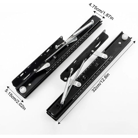 Heavy Duty Dining Table Extension Slides Featuring Slick Ball Bearings For Hella Quiet Roll Out Performance Retro Fit Folding Furniture Hardware Package boosting desktop width, showing dimensions and mechanism.