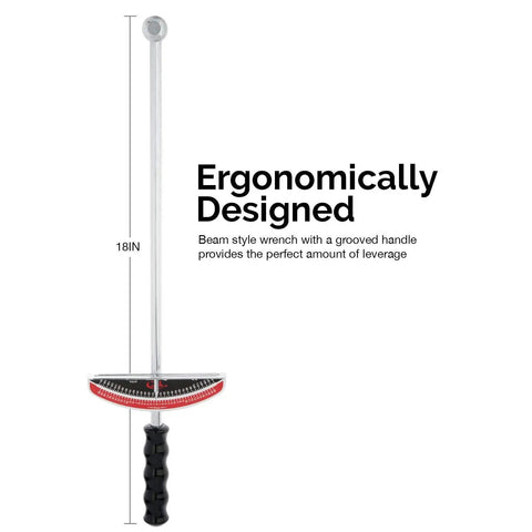 Dual Drive Beam Style Torque Wrench With Three Eighths And One Half Inch Drives Seventeen Inch Length Zero To One Hundred Fifty Foot Pounds SAE Premium Steel Alloy, showing grooved handle and design