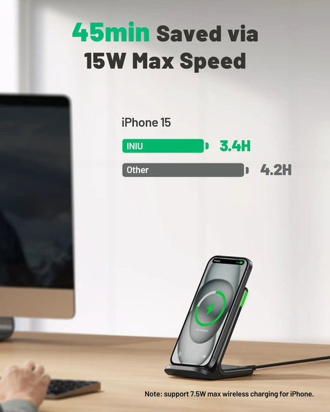 15W Fast Wireless Charger Pad With Sleep Friendly Adaptive Light For Iphone 17 16 15 14 13 12 Pro Max And Samsung Galaxy S25 S24 S23 Note 20 Google Pixel And More on a desk with time comparison graphic for iPhone charging speed.