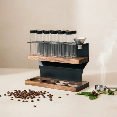 Two Tier Wooden Coffee Bean Storage Rack With Airtight Glass Jars Featuring Black Vent Lids Countertop Flex Freshness Sealer Brew Day Ready Kitchen Organization Set Keep Beans Crisp on display with coffee beans.