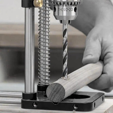 No Sweat Adjustable Woodworking Drill Guide With Precision Drilling Template in use on wood with a drill bit.