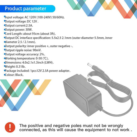 12V DC Power Supply Adapter 2.5A 30W From 100 to 240V AC To DC Wall Transformer With cord and specs visible