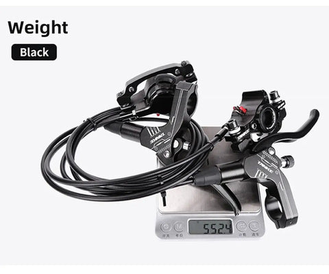 Front Hydraulic Disc Brake With 800mm Hose For Mountain And Fat E Bikes Features Is Pm Adapters on scale showing weight in black.