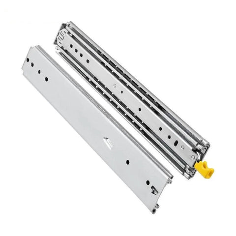 Heavy Duty Ball Bearing Drawer Slides Full Extension Telescopic Guide Rails With Locking Latch 500 Lb Load Rating Industrial Workhorse Cabinet Hardware 76Mm Width Silver Finish, Close-up view