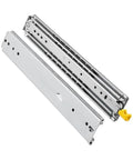 Built Like A Tank Heavy Duty Drawer Slide Featuring Precision Ball Bearings Full 3 Fold Extension Quick Release Lock Silky Smooth Operation 500 Lbs Load Rating Industrial Silver 24 Inch detailed view showing the steel ball bearing track.