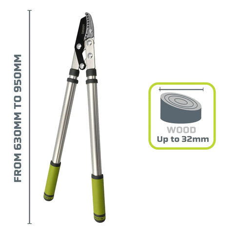 Beefy Telescopic Loppers For Thick Branches With Anvil Cutter, Durable SK5 Steel, extendable from 630mm to 950mm, cuts up to 32mm.