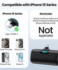 Image of Compact USB C Power Bank with Built In USB C Connector 5000mAh PD Fast Charging Battery Pack showing LCD display and compatibility with iPhone 15 series.