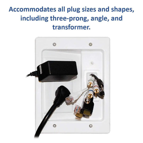 Slick In Wall Cable Management Kit For TV Hides Power And Low Voltage Lines Behind Drywall UL Rated Dual Outlet Raceway with various plugs.