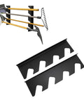 Top Shelf Heavy Iron Shovel And Rake Holder Wall Mounted Shed Tool Rack Rust Proof Open Design Quick Grab, showing mounted tools and brackets.