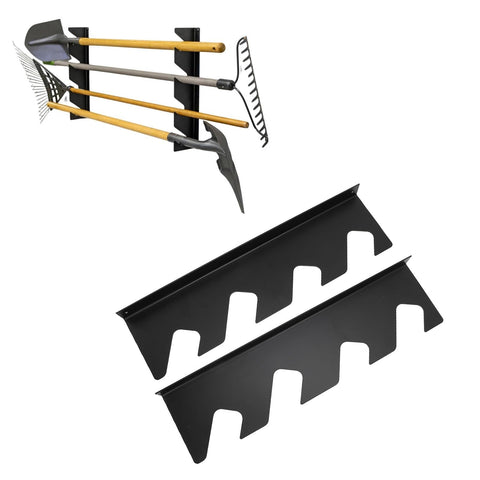 Top Shelf Heavy Iron Shovel And Rake Holder Wall Mounted Shed Tool Rack Rust Proof Open Design Quick Grab, showing mounted tools and brackets.