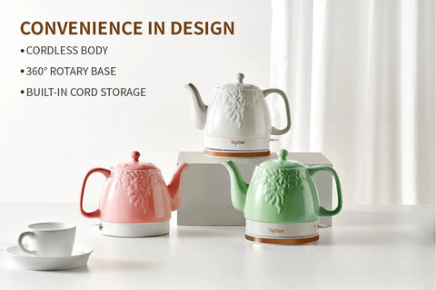 Three ceramic tea kettles in pink, white, and green with a modern white leaf finish, each featuring Electric Ceramic Tea Kettle With 1 Liter Capacity, Boil Water In A Snap, Detachable 360 Degree Swivel Base, Boil Dry Protection, Auto Shut Off, Safe And Easy Pour, Modern White Leaf Finish, Great For Quick Mornings design.