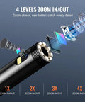 Dual Lens Endoscope Camera With Light For Auto And Plumbing, 4.3 Inch IPS Screen, 1080P HD Inspection Camera, 8 Plus 1 LED Lights With 3 Brightness Levels, 4X Zoom, IP67 Waterproof Snake Cam, 16.4 Ft Cable, 32GB Card Included showing 4-level zoom lens