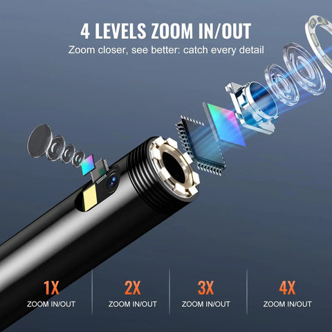Dual Lens Endoscope Camera With Light For Auto And Plumbing, 4.3 Inch IPS Screen, 1080P HD Inspection Camera, 8 Plus 1 LED Lights With 3 Brightness Levels, 4X Zoom, IP67 Waterproof Snake Cam, 16.4 Ft Cable, 32GB Card Included showing 4-level zoom lens