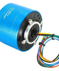 Pro Grade Electric Slip Ring Rotary Union 12.7mm To 50mm 18 Or 24 Channel Conductive Power And Signal Transmission With Continuous Rotation For Heavy Duty Projects And Multiple Outer Diameters 12.7 25.4 38.1 50mm 10A, blue metal housing with multicolor wires