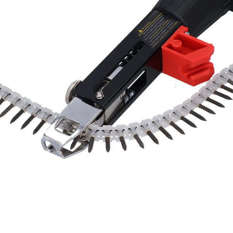 Automatic Chain Nail Gun Adapter showing stainless steel spike driver with auto-feed loading mechanism for power drills.
