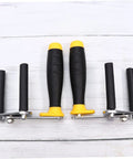 Heavy Duty Gypsum Board Lifter For Drywall And Glass Multi Function Handle Pair featuring black rubber grips and yellow tops.