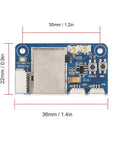 Close-up of 24G PWM PPM IBus Receiver For FPV Racing Drones with dimensions and components visible on a blue circuit board.
