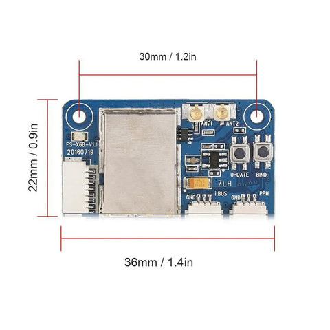 Close-up of 24G PWM PPM IBus Receiver For FPV Racing Drones with dimensions and components visible on a blue circuit board.