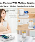 Premium 3in1 Temperature Control Mug With Built In 15W Fast Wireless Charging Pad, 12 Oz white mug with charging pad on office desk.