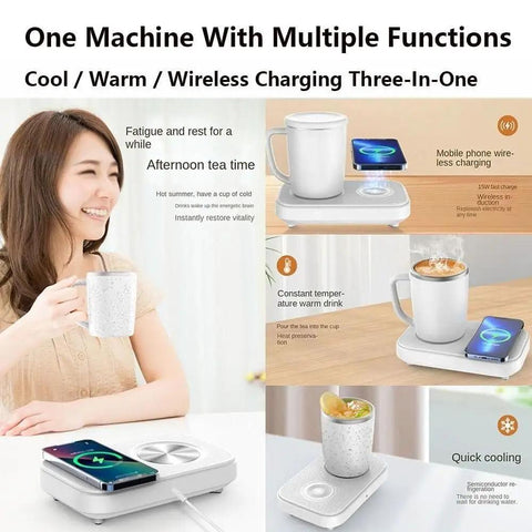 Premium 3in1 Temperature Control Mug With Built In 15W Fast Wireless Charging Pad, 12 Oz white mug with charging pad on office desk.