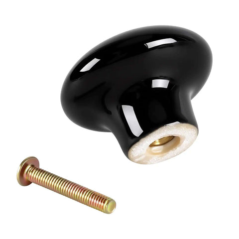Close-up of single knob and screw from 30 Pack Dope Black Ceramic Cabinet Knobs 1.5 Inch (38mm) Round Single Hole Door Knobs