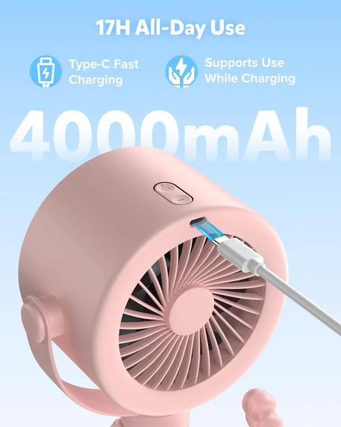 Rechargeable Clip On Baby Stroller Fan With Five Speeds, LED Display, charging with Type-C cable showing 4000mAh battery capacity.