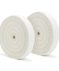 Two 6-inch buffing wheels, 70-ply, white, with 1/2-inch arbor for bench grinder