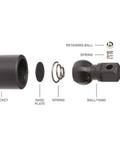 1/2 Inch Drive Impact Universal Joint Pivots A Full 30 Degrees To Reach Stubborn Fasteners Pinless Ball Design disassembled parts showing socket, base plate, spring, ball, and retainer ring.