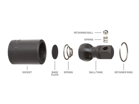 1/2 Inch Drive Impact Universal Joint Pivots A Full 30 Degrees To Reach Stubborn Fasteners Pinless Ball Design disassembled parts showing socket, base plate, spring, ball, and retainer ring.