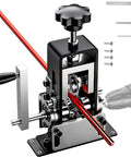 Manual Wire Stripping Machine For Copper Wire 0.06 To 1 Inch Gauge, showing hand crank, drill attachment, and adjustable settings.