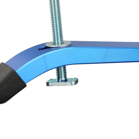 Kick Your Projects Up A Notch With This Badass 2 Set T Slot Clamp Kit Featuring Durable Aluminum T Handles And Snug M8 Screws For Secure Woodwork Or Metalworking On Routers Cnc Machines And Drill Presses close-up of blue aluminum clamp arm showing M8 screw and secure hold.