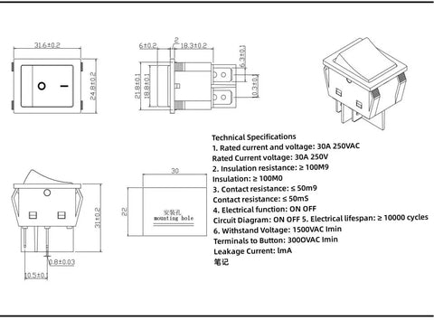 Heavy Duty 30A 250V DPST Rocker Switch 4 Pin Green Lighted On Off Toggle Two Pack For 120V/240V Applications, Perfect For Home, Automotive, And DIY Projects. Technical drawing with 30x22mm panel size