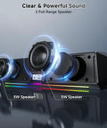 Bluetooth Computer Speakers Soundbar With Digital Clock Display, USB Plug and Play, showing powerful drivers and LED lights