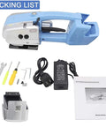 Heavy Duty Electric Welding Strapping Tool With Rechargeable Battery For 13 To 16 Mm Pp Pet Straps with accessories and manual.