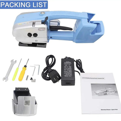 Heavy Duty Electric Welding Strapping Tool With Rechargeable Battery For 13 To 16 Mm Pp Pet Straps with accessories and manual.