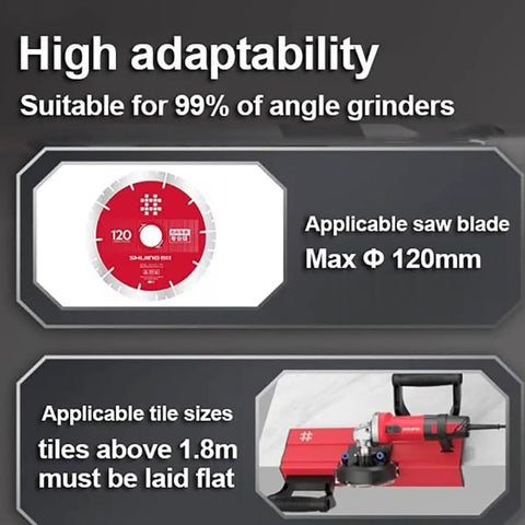 High adaptability of Built Tough Pro Grade Electric Tile Chamfer Cutter, with a 120mm blade for ceramic and marble tiles.