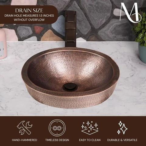 Hand Hammered 17-Inch Oval Skirted Drop-In Copper Bathroom Sink For Vanity Countertop Top Mount 18-Gauge Pure Copper Vanity Sink
