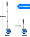 Compact 6 Inch Measuring Wheel For Quick Distance Check In Feet On The Job telescopic handle with full and compact lengths shown