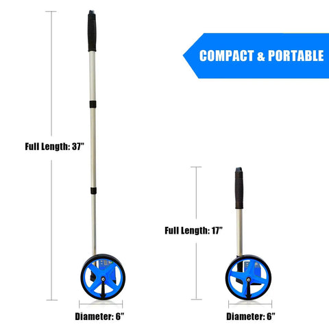 Compact 6 Inch Measuring Wheel For Quick Distance Check In Feet On The Job telescopic handle with full and compact lengths shown
