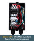 Heavy Duty 230V 3 Phase Magnetic Switch Box With 11 Amp Rating UL Listed Plug And Play Pre Wired Cable Kit For Tablesaw Planer Woodworking Shaper And Garage Rig Setup internal wiring and components shown.