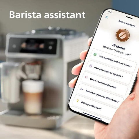 Smartphone displaying Barista Assistant app features with Super Automatic Espresso Maker with Smooth LatteGo Pro.