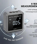 Straight Shooting Digital Angle Finder And Level With A Super Grippy Magnetic Base And Punchy Backlit Display For Woodworking Construction And Quick Home Repair Jobs, showing 4-way measurement capabilities.