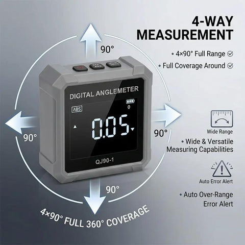 Straight Shooting Digital Angle Finder And Level With A Super Grippy Magnetic Base And Punchy Backlit Display For Woodworking Construction And Quick Home Repair Jobs, showing 4-way measurement capabilities.