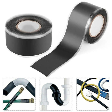Self Fusing Silicone Repair Tape For Pipes And Hoses Waterproof Leak Seal Tape Insulating Grip And Stretch Resistant Car And Home Fixes Pro Grade 1 Inch Wide By 5 Feet Long Heavy Duty Repair Bandage, black roll and applications on pipes and hoses.