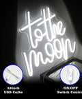 To The Moon Neon Sign LED Letters White Neon Light For Wall Decor lit up with 59-inch USB cable and on/off switch shown