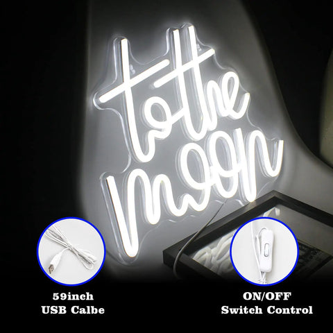 To The Moon Neon Sign LED Letters White Neon Light For Wall Decor lit up with 59-inch USB cable and on/off switch shown