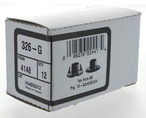 Box of 12 stainless steel long prong tee nuts, size #10-32 to 3/8-16, for wood with flush surface, 3/4 inch tall inserts.